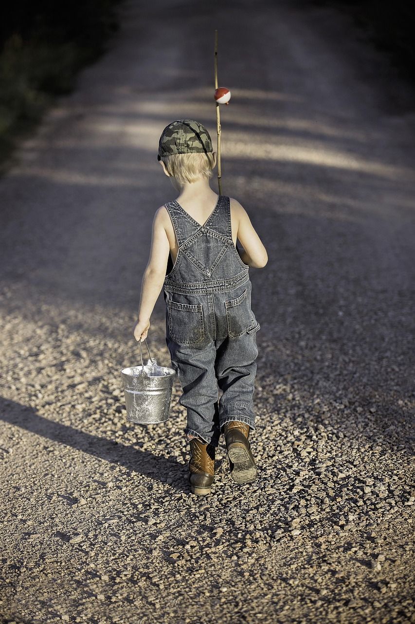 service-02 boy, child, fishing rod, bucket, fishing, fisherman, kid, young, small, nature, childhood, walking, summer, adventure, lifestyle, outdoors, back view